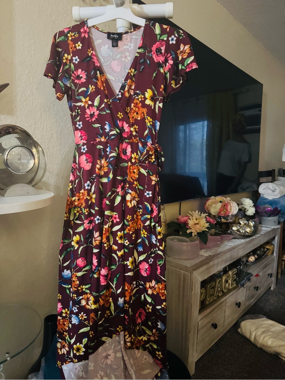 by & by Burgundy Floral High-Low Wrap Dress